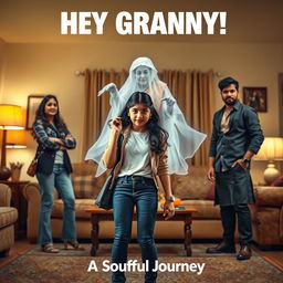 A cinematic horror comedy film poster titled 'HEY GRANNY!' featuring a teenage Indian girl in trendy modern attire, positioned playfully in the foreground of a cozy living room