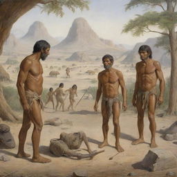 A depiction of early human beings, highlighting their physical features, primitive tools and clothing, and their interaction with the natural environment