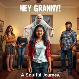 A cinematic horror comedy film poster titled 'HEY GRANNY!' featuring a teenage Indian girl in trendy modern attire, positioned playfully in the foreground of a cozy living room