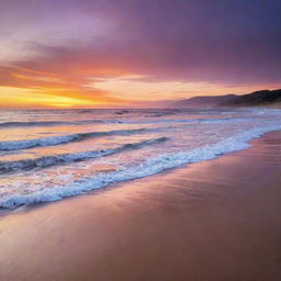 A vivid sunset over a tranquil beach, the waves gently lapping at the shore, under an orange and purple sky