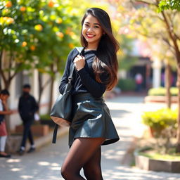 A fashionable Nepali school girl wearing black tight stockings and a stylish leather mini skirt with chic black heels, standing confidently with a school bag slung over one shoulder