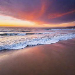 A vivid sunset over a tranquil beach, the waves gently lapping at the shore, under an orange and purple sky