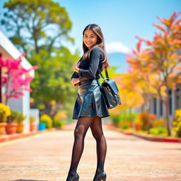 A fashionable Nepali school girl wearing black tight stockings and a stylish leather mini skirt with chic black heels, standing confidently with a school bag slung over one shoulder