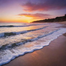 A vivid sunset over a tranquil beach, the waves gently lapping at the shore, under an orange and purple sky