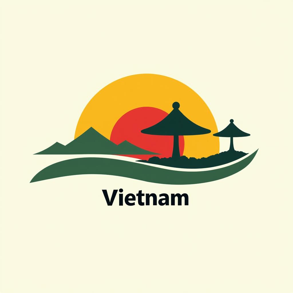 A bold and dynamic company logo representing Vietnam, featuring iconic symbols such as the conical hat (nón lá) and the Red River Delta landscape