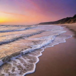 A vivid sunset over a tranquil beach, the waves gently lapping at the shore, under an orange and purple sky