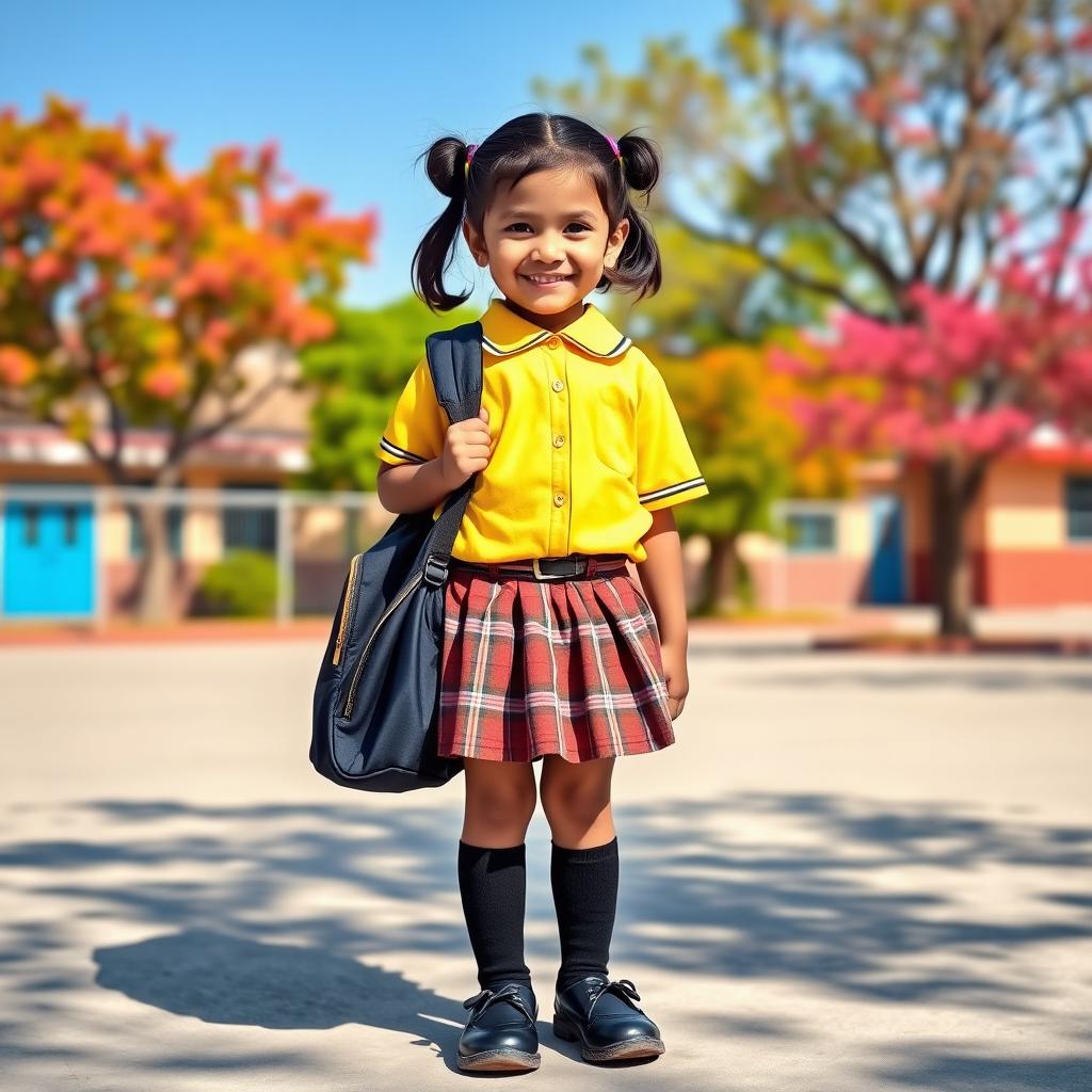 A cheerful Nepali school girl wearing a playful mini skirt and knee-high socks, paired with stylish black shoes