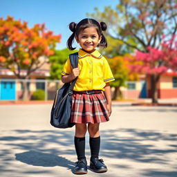 A cheerful Nepali school girl wearing a playful mini skirt and knee-high socks, paired with stylish black shoes