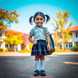 A cheerful Nepali school girl wearing a playful mini skirt and knee-high socks, paired with stylish black shoes