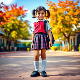 A cheerful Nepali school girl wearing a playful mini skirt and knee-high socks, paired with stylish black shoes