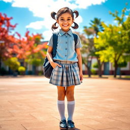 A cheerful Nepali school girl wearing a playful mini skirt and knee-high socks, paired with stylish black shoes