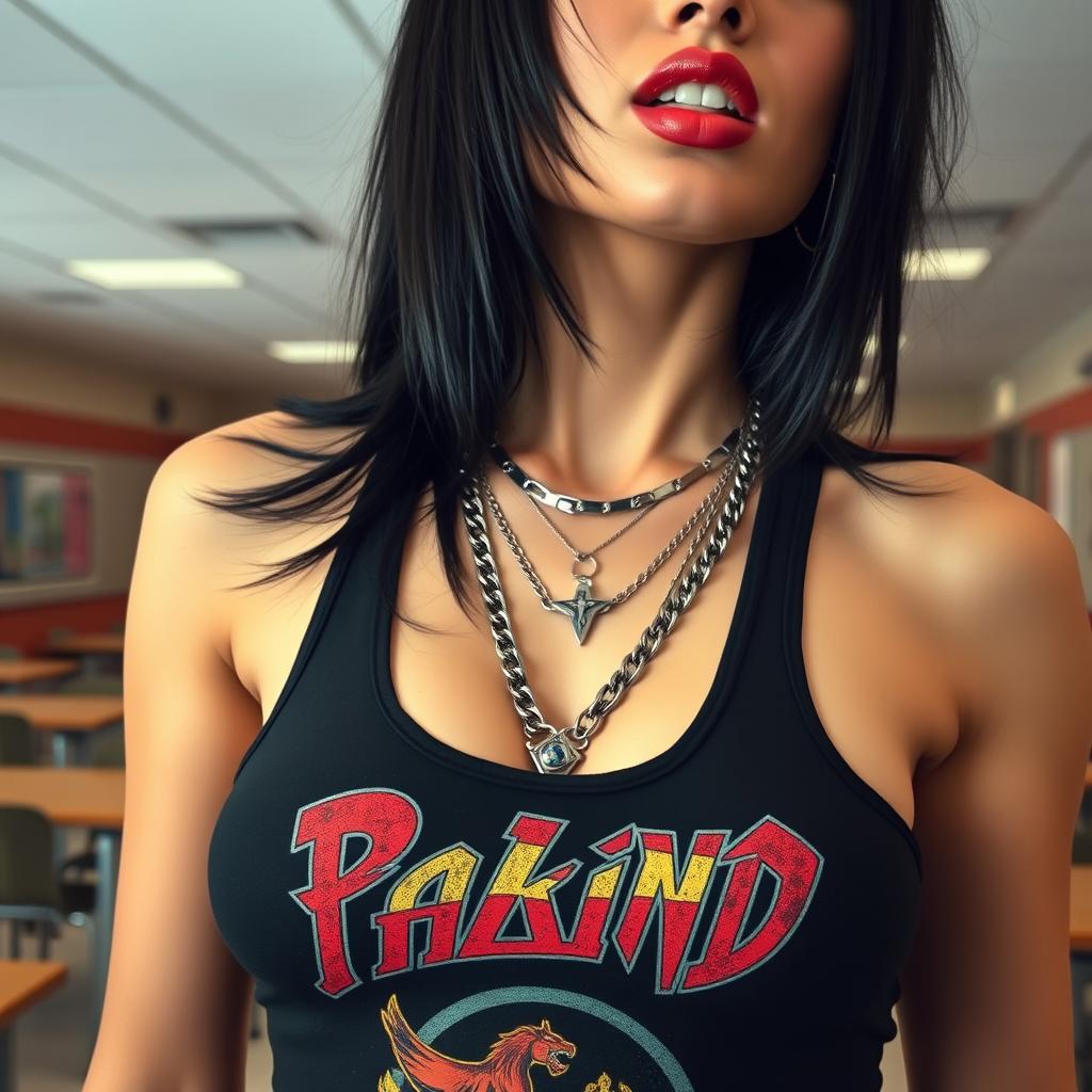 A close-up shot focusing on the chest and torso of a gorgeous female with striking black hair, wearing a black tank top that features a faded colorful band logo