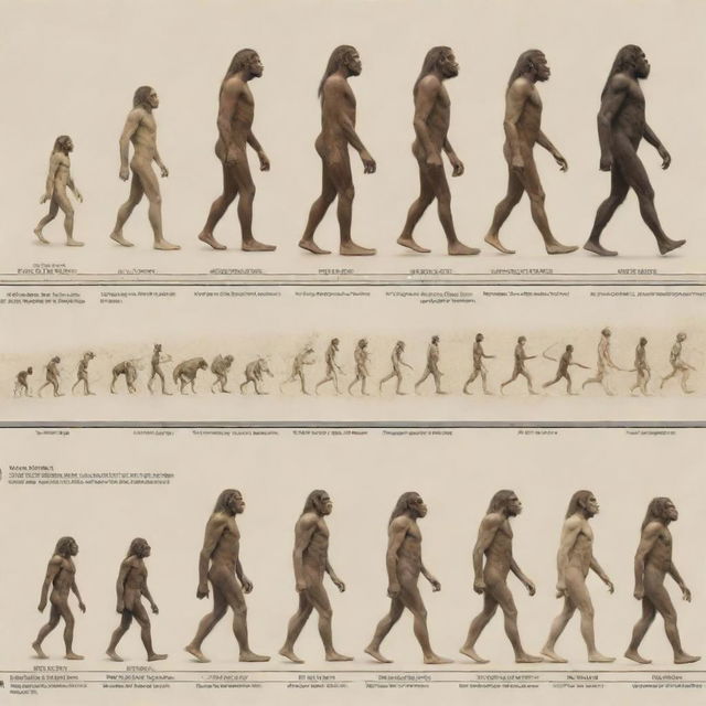 A visual timeline of human evolution from early human beings to the last generation of humanity, showcasing physical changes, technological advancement, and societal development