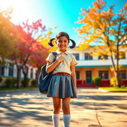 A cheerful 16-year-old Nepali school girl wearing a playful mini skirt and knee-high socks, along with stylish black shoes