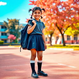 A cheerful 16-year-old Nepali school girl wearing a playful mini skirt and knee-high socks, along with stylish black shoes