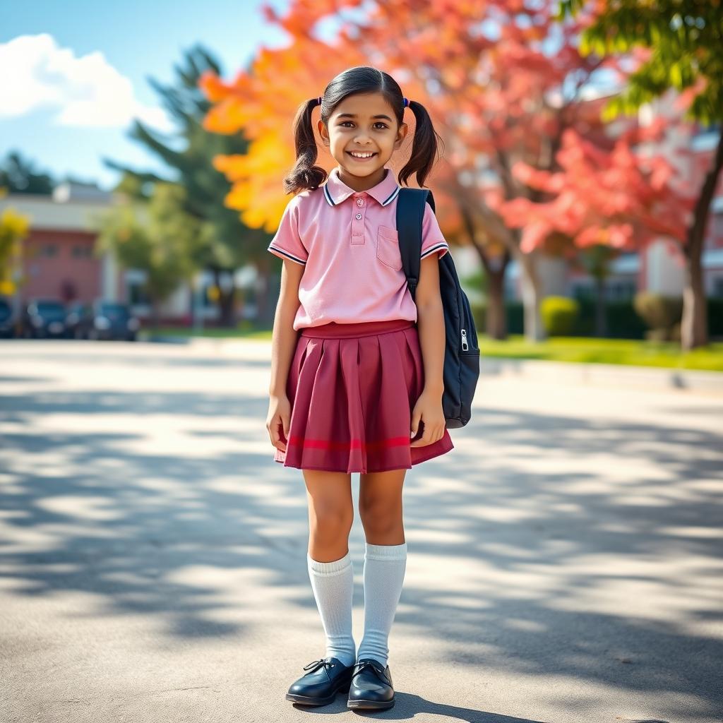 A cheerful 16-year-old Nepali school girl wearing a playful mini skirt and knee-high socks, along with stylish black shoes