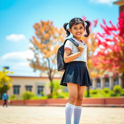 A cheerful 16-year-old Nepali school girl wearing a playful mini skirt and knee-high socks, along with stylish black shoes