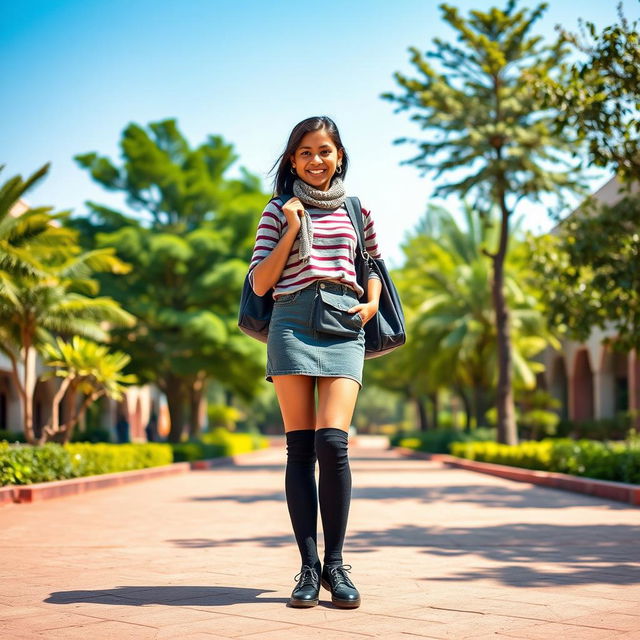 A 16-year-old Nepali college girl wearing a stylish mini skirt and knee-high socks, paired with trendy black shoes