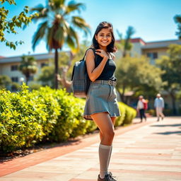 A 16-year-old Nepali college girl wearing a stylish mini skirt and knee-high socks, paired with trendy black shoes