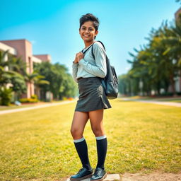 A 16-year-old Nepali college girl wearing a stylish mini skirt and knee-high socks, paired with trendy black shoes