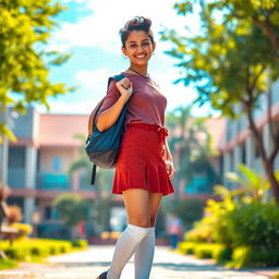 A 16-year-old Nepali college girl wearing a stylish mini skirt and knee-high socks, paired with trendy black shoes