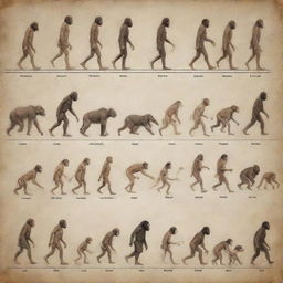 A visual timeline of human evolution from early human beings to the last generation of humanity, showcasing physical changes, technological advancement, and societal development