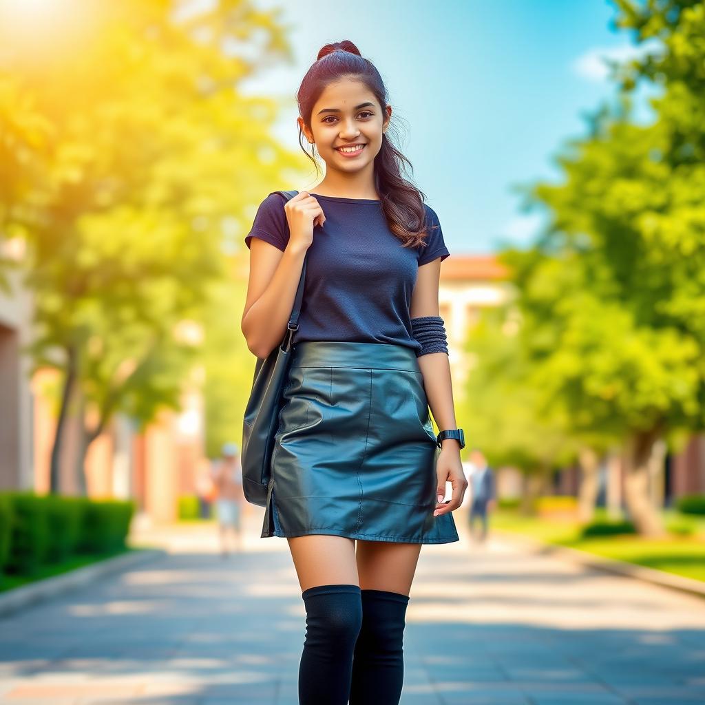 A 16-year-old Nepali college teen girl wearing stylish leather mini skirt and knee-high socks, complemented by trendy black shoes