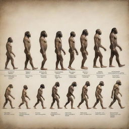 A visual timeline of human evolution from early human beings to the last generation of humanity, showcasing physical changes, technological advancement, and societal development