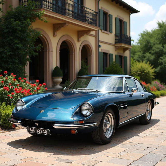 An elegant Lamborghini Islero, showcasing its classic Italian sports car design with a rich deep blue paint finish and chrome accents that shimmer in the natural light