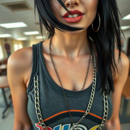 Close-up shot of a gorgeous female with black hair wearing a faded colorful band logo tank top, highlighting her large chest and cleavage