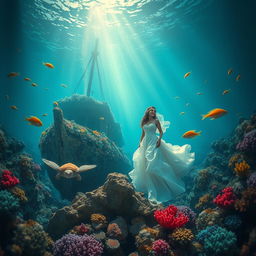 A stunning underwater scene depicting a romantic shipwreck surrounded by tropical fish and vibrant coral reefs