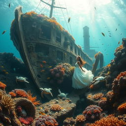 A stunning underwater scene depicting a romantic shipwreck surrounded by tropical fish and vibrant coral reefs