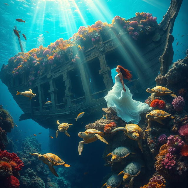 A stunning underwater scene depicting a romantic shipwreck surrounded by tropical fish and vibrant coral reefs