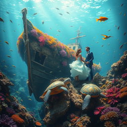 A stunning underwater scene depicting a romantic shipwreck surrounded by tropical fish and vibrant coral reefs