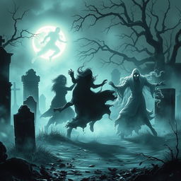 An eerie and atmospheric scene depicting shadows engaging in a fierce battle with ghostly figures in a graveyard