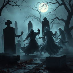 An eerie and atmospheric scene depicting shadows engaging in a fierce battle with ghostly figures in a graveyard