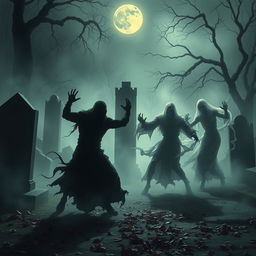 An eerie and atmospheric scene depicting shadows engaging in a fierce battle with ghostly figures in a graveyard