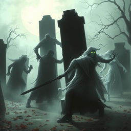 An eerie and atmospheric scene depicting shadows engaging in a fierce battle with ghostly figures in a graveyard