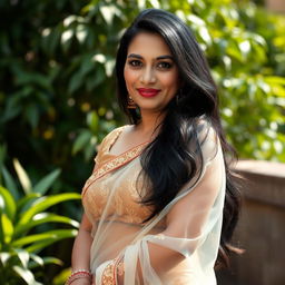 A mature Nepali woman exuding confidence and allure, wearing a transparent saree that elegantly drapes over her figure