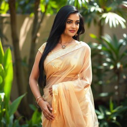 A mature Nepali woman exuding confidence and allure, wearing a transparent saree that elegantly drapes over her figure