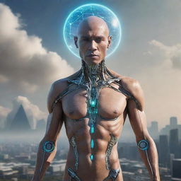 A futuristic depiction of a human being living in the year 7022, embodying advanced evolutionary changes, enhancements, and technological integrations