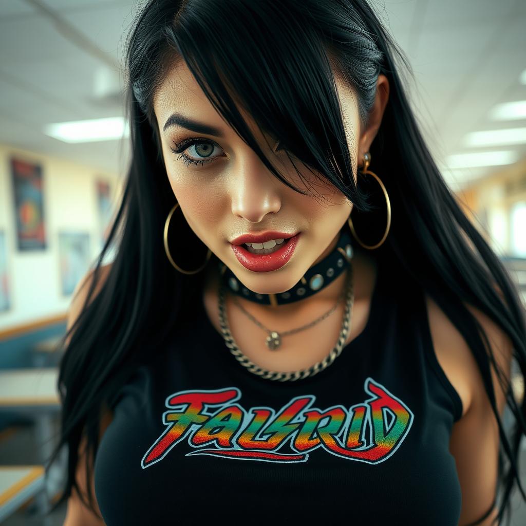 A captivating close-up shot of a gorgeous female with striking black hair, wearing a black tank top featuring a faded colorful band logo