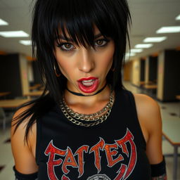 A close-up shot of a gorgeous female with striking black hair, wearing a black tank top featuring a faded, colorful band logo