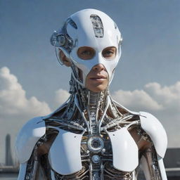 A futuristic depiction of a human being living in the year 7022, embodying advanced evolutionary changes, enhancements, and technological integrations