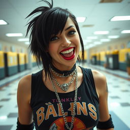 A close-up shot of a gorgeous female with striking black hair, wearing a faded colorful band logo black tank top