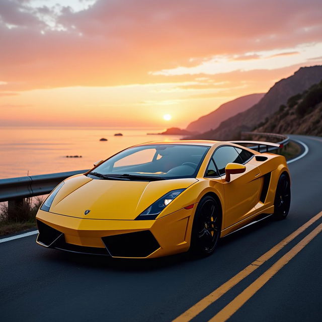 An iconic Lamborghini Gallardo, capturing its sleek and sporty silhouette in a vibrant yellow color with glossy finish