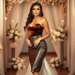 A gorgeous bride with exquisite bridal makeup, showcasing a unique and stylish blend of a luxurious velvet top and a sleek leather skirt