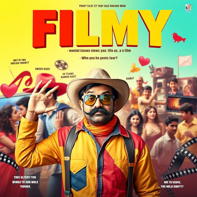 A vibrant cinematic comedy film poster titled 'FILMY' featuring a 27-year-old Indian man with a whimsical expression, showcasing his over-the-top, dramatic gestures that hint at his mental issue where he views his life as a film