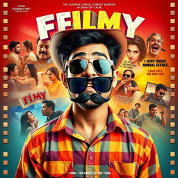 A vibrant cinematic comedy film poster titled 'FILMY' featuring a 27-year-old Indian man with a whimsical expression, showcasing his over-the-top, dramatic gestures that hint at his mental issue where he views his life as a film