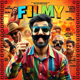 A vibrant cinematic comedy film poster titled 'FILMY' featuring a 27-year-old Indian man with a whimsical expression, showcasing his over-the-top, dramatic gestures that hint at his mental issue where he views his life as a film